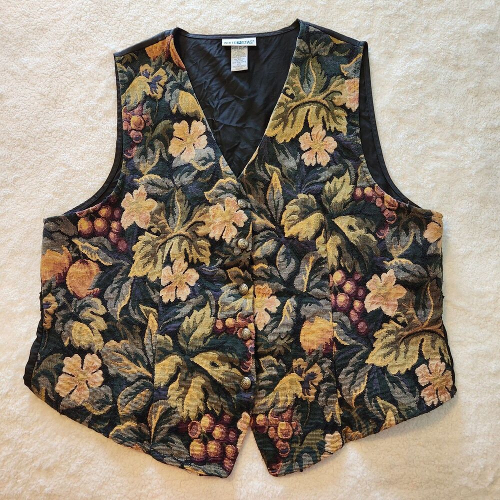 Vintage 90s White Stag Womens XL Floral Leaves Fruit Tapestry V Neck Vest